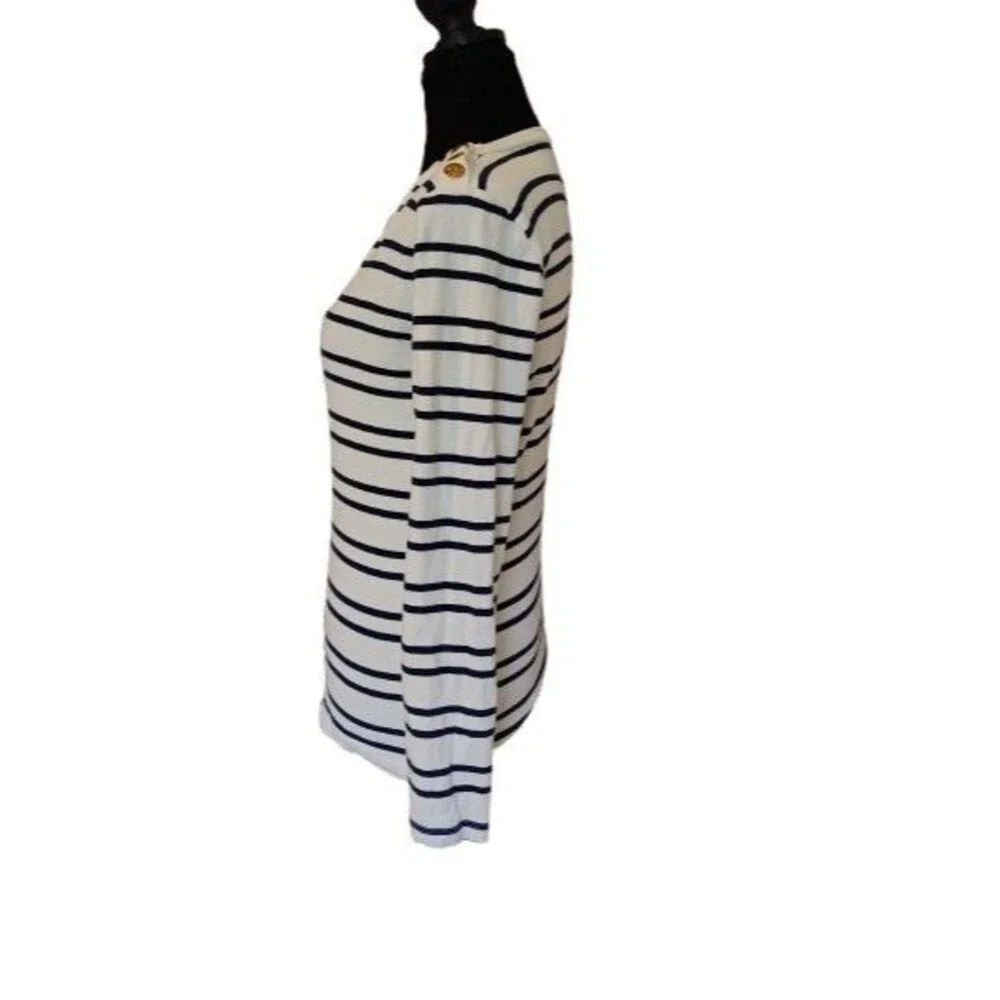 J.Crew Perfect Fit Long Sleeve Navy White Striped Sailor Top Gold Button...